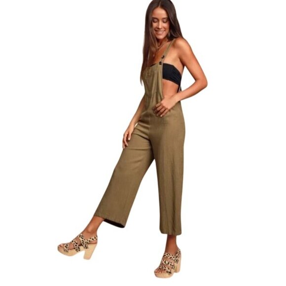 Lulus Torrey Olive Green Wide-Leg Overalls Size S‎ Linen Blend Cropped Leg - Picture 2 of 16